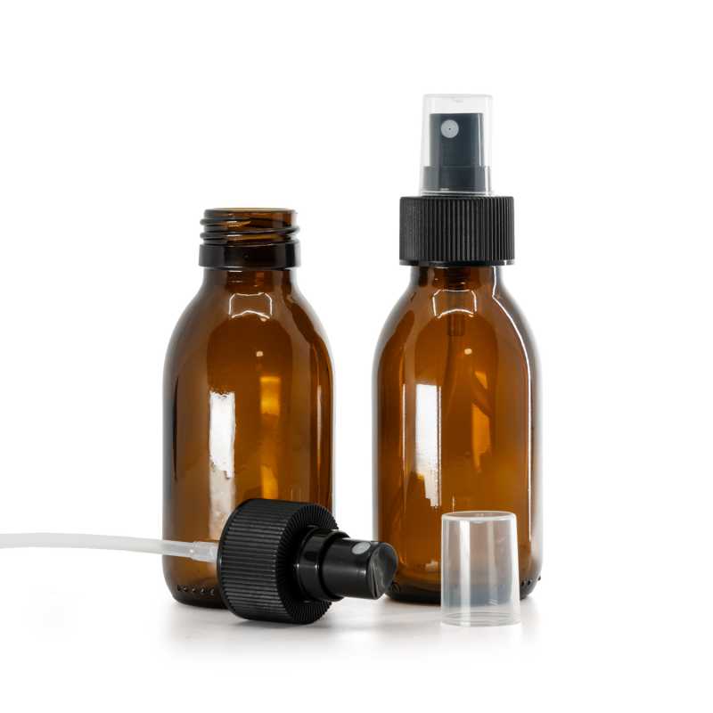 Skleněná láhev, lékovka, 28 mm, plastový rozprašovač, 28/410, černý, s vroubkovanou obručí, 100 ml