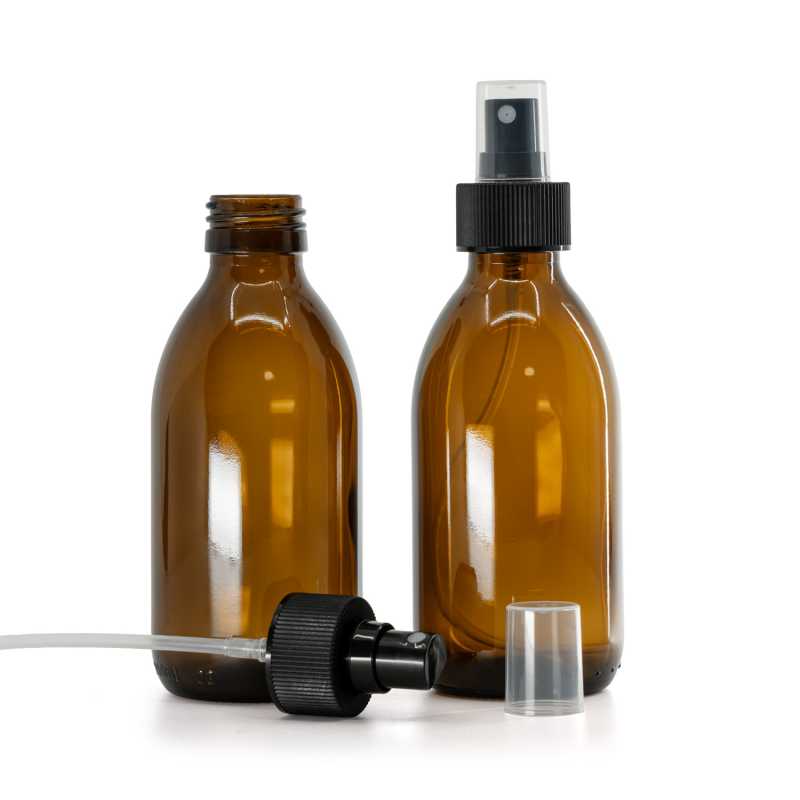 Skleněná láhev, lékovka, 28 mm, plastový rozprašovač, 28/410, černý, s vroubkovanou obručí, 200 ml