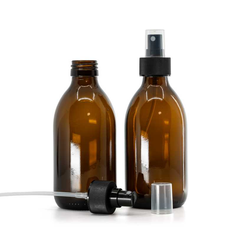 Skleněná láhev, lékovka, 28 mm, plastový rozprašovač, 28/410, černý, s vroubkovanou obručí, 250 ml