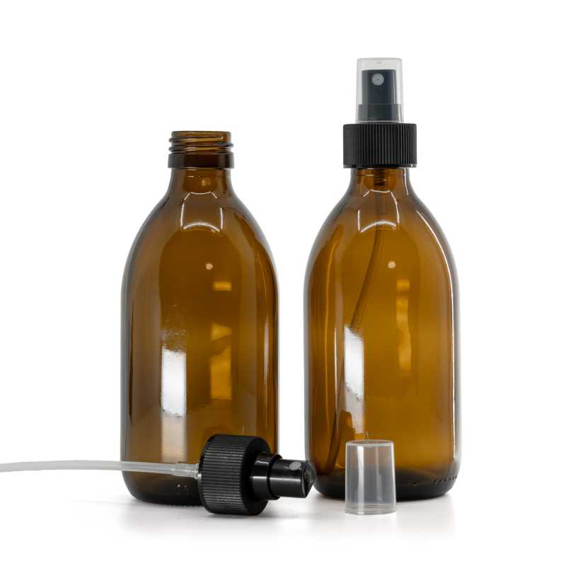 Skleněná láhev, lékovka, 28 mm, plastový rozprašovač, 28/410, černý, s vroubkovanou obručí, 300 ml
