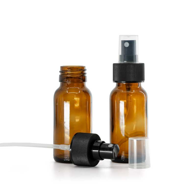 Skleněná láhev, lékovka, 28 mm, plastový rozprašovač, 28/410, černý, s vroubkovanou obručí, 50 ml