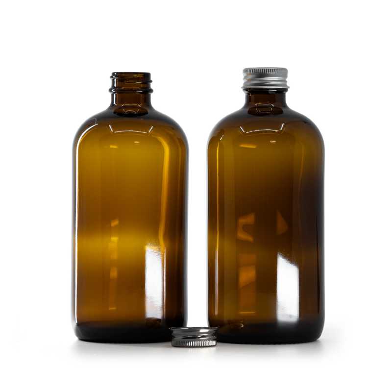 Hnědá kulatá skleněná lahvička Boston, stříbrné hliníkové víčko, 480 ml