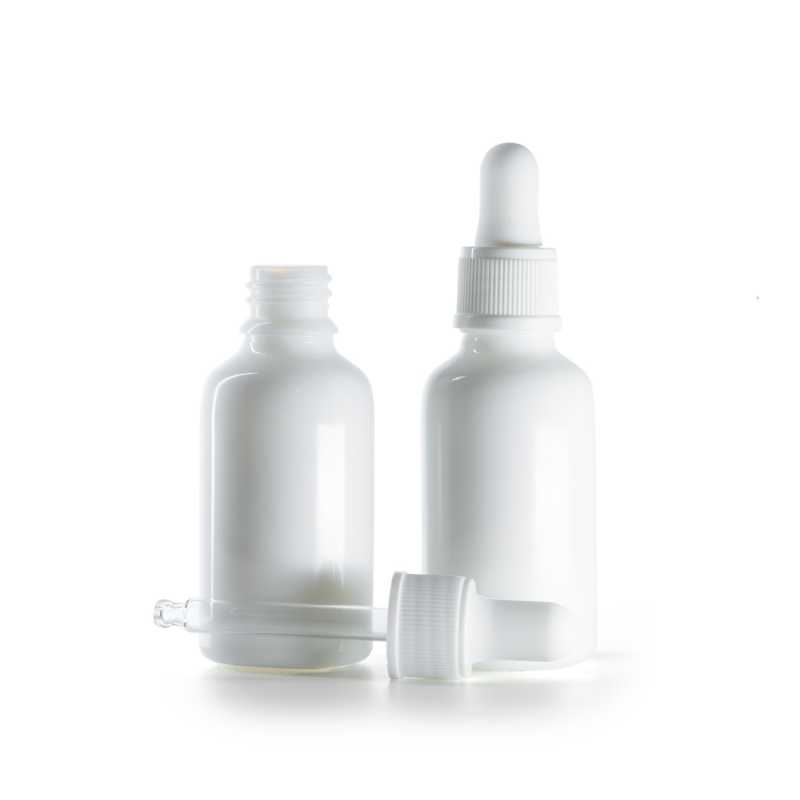 Bílá skleněná lahvička s bílou matnou pipetou 30 ml