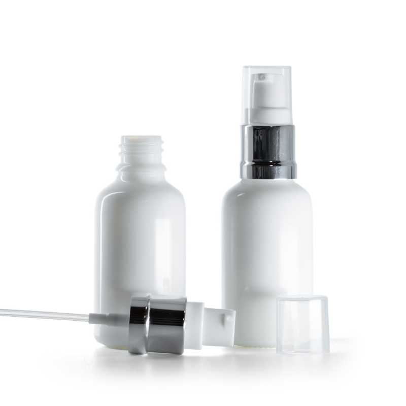 Bílá skleněná lahvička s lesklým bílo-stříbrným dávkovačem, 30 ml