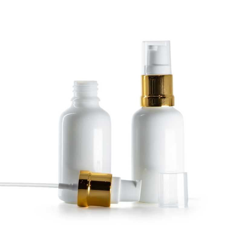 Bílá skleněná lahvička s lesklým bílo-zlatým dávkovačem 30 ml