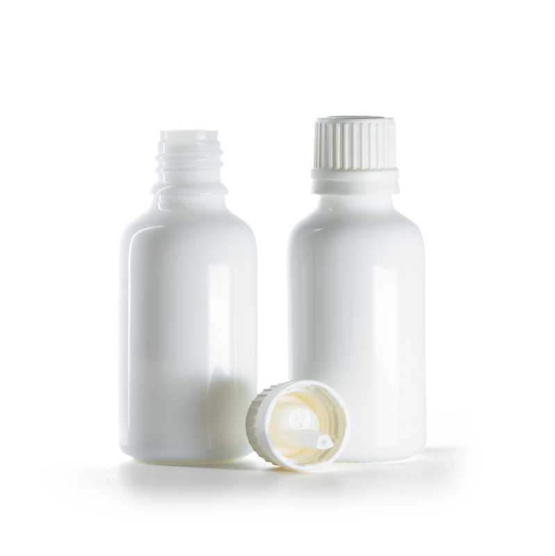 Bílá skleněná lahvička s kapátkem a víčkem s invencí pečetí, 30 ml