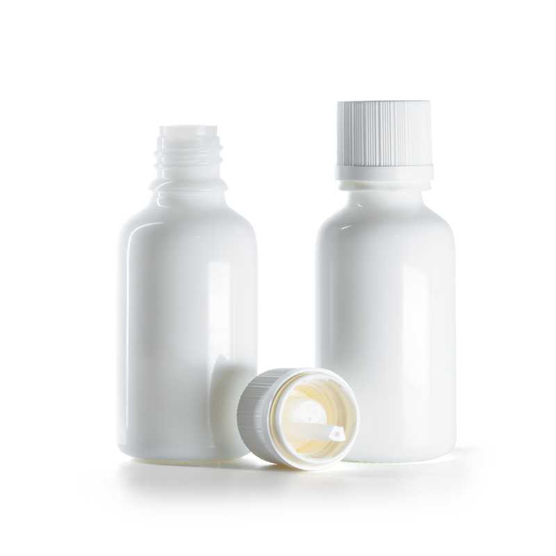Bílá skleněná lahvička, bílý bezpečnostní uzávěr s kapátkem, 30 ml