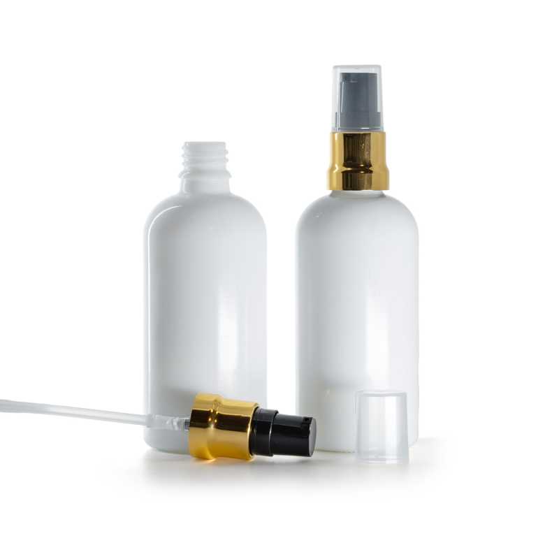 Skleněná lahvička, lékovka, bílá, černo-zlatý dávkovač, průhledný vrch, 100 ml