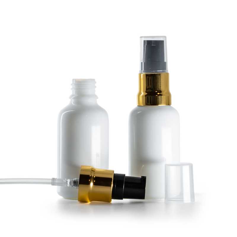 Skleněná lahvička, lékovka, bílá, černo-zlatý dávkovač, průhledný vrch, 30 ml