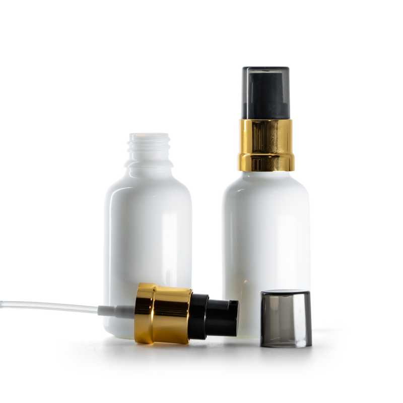 Bílá skleněná lahvička s černo-zlatým lesklým dávkovačem, 30 ml