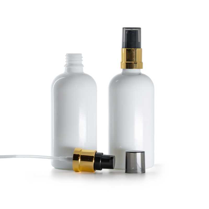 Skleněná lahvička, lékovka bílá, černo-zlatá lesklá pumpička s dýmovým krytem, 100 ml