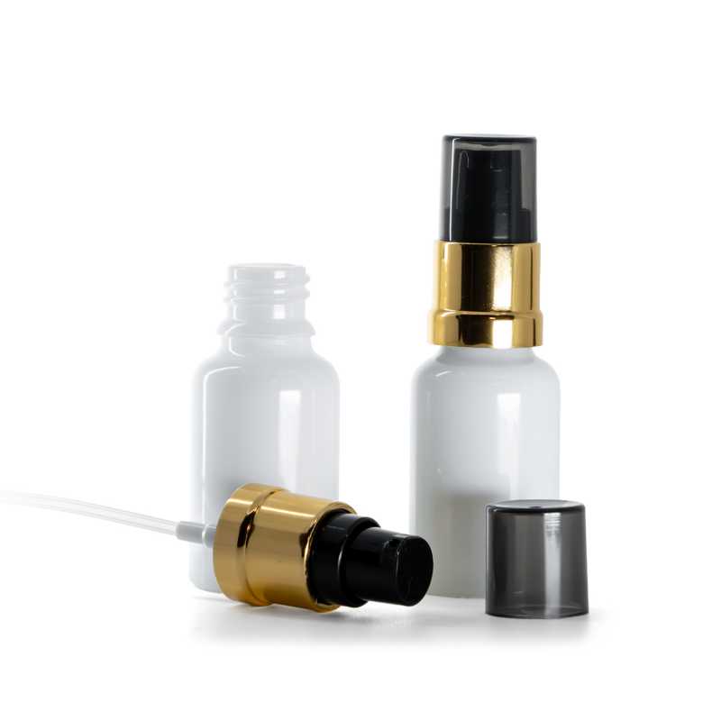 Skleněná lahvička, lékovka bílá, černo-zlatá lesklá pumpička s dýmovým krytem, 15 ml