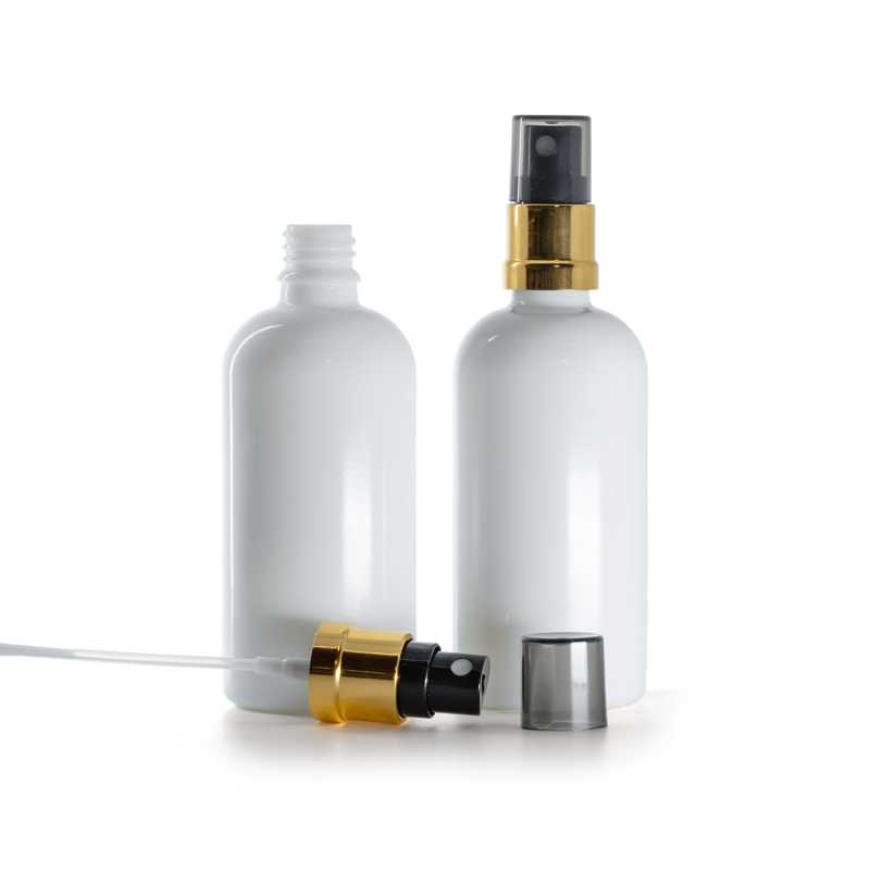 Skleněná lahvička, lékovka bílá, černo-zlatý rozprašovač, dýmový kryt, 100 ml