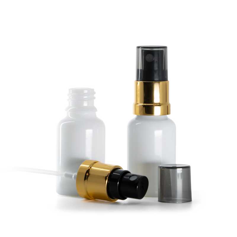 Skleněná lahvička, lékovka bílá, černo-zlatý rozprašovač, dýmový kryt, 15 ml