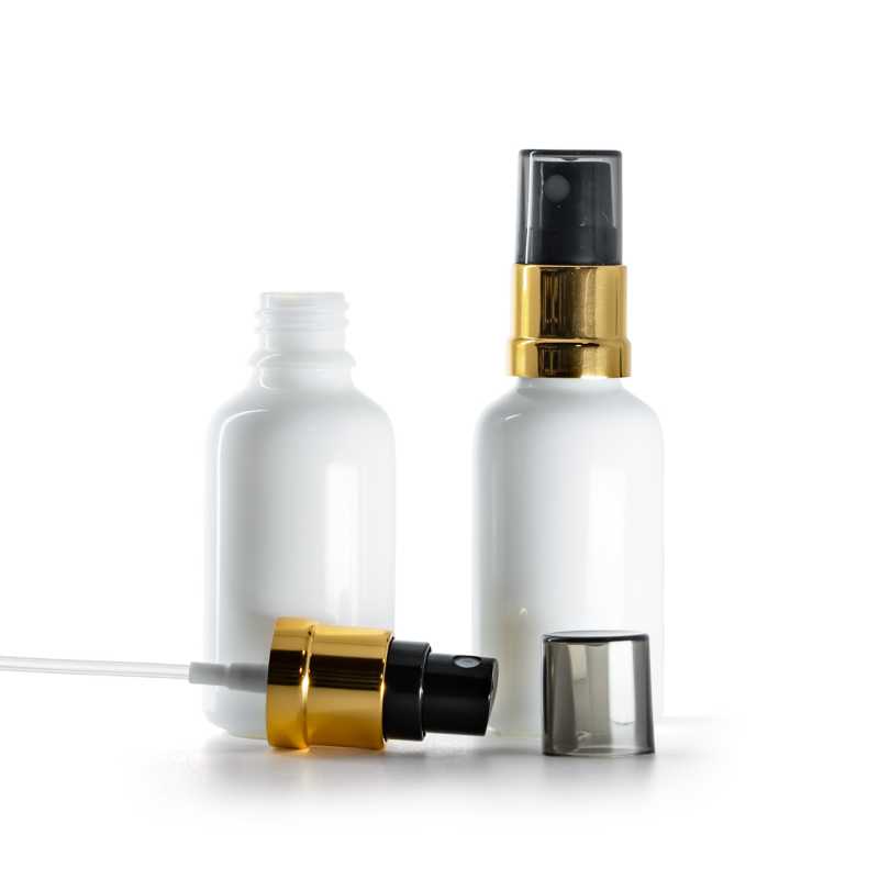 Bílá skleněná lahvička, černo-zlatý rozprašovač s kouřovým vrškem, 30 ml