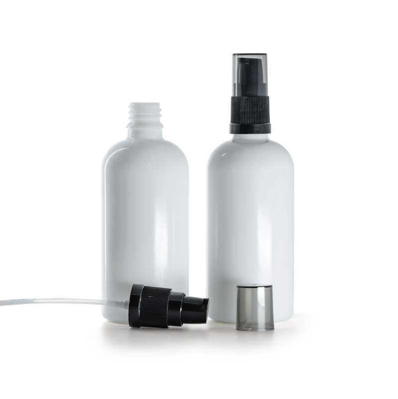 Skleněná lékovka bílá, černý dávkovač s dýmovým krytem, 100 ml
