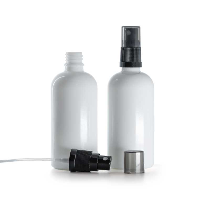 Skleněná lahvička, lékovka bílá, černý rozprašovač, dýmový kryt, 100 ml