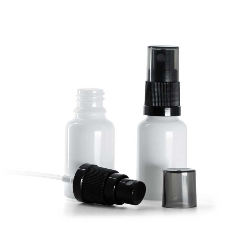 Skleněná lahvička, lékovka bílá, černý rozprašovač, dýmový kryt, 15 ml