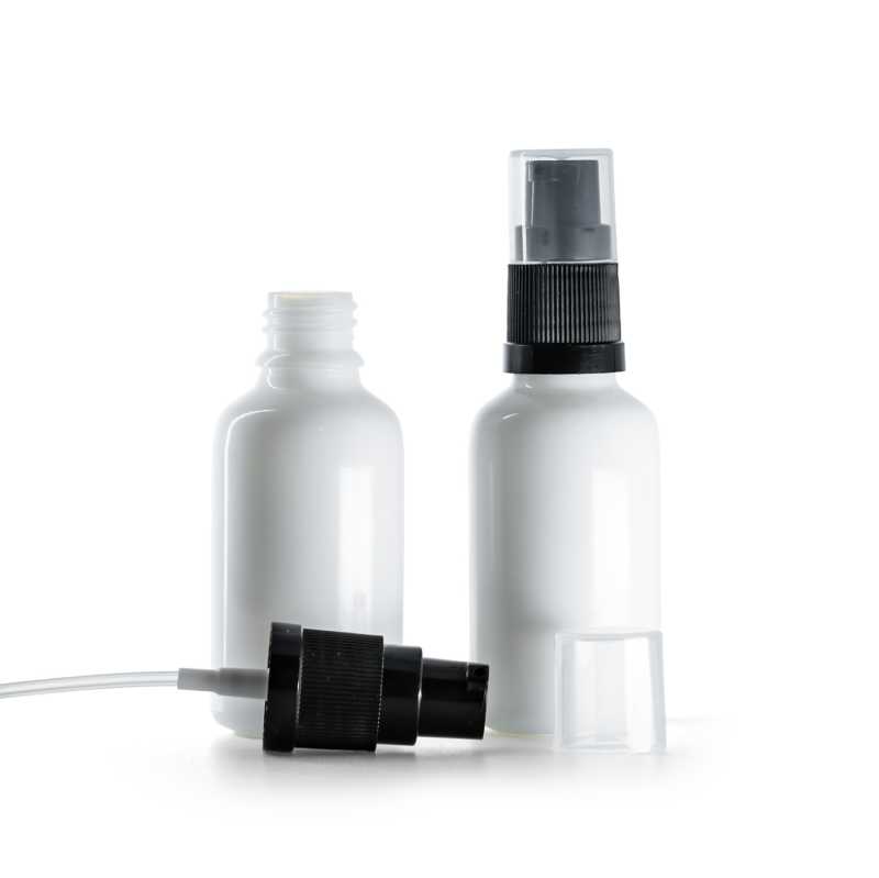 Bílá skleněná lahvička, dávkovací pumpička, 30 ml
