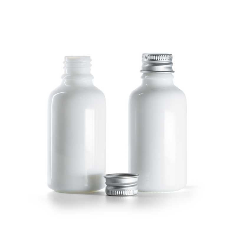 Lahvička, sklo, bílá, hliníkový uzávěr, 30 ml