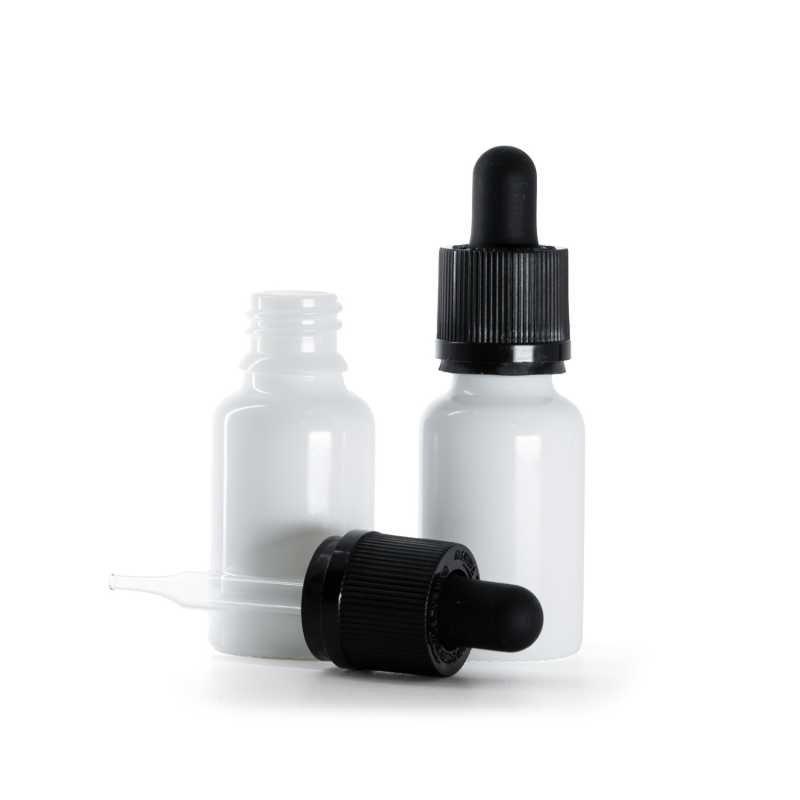 Skleněná láhev, lékovka, bílá, pipeta s bezpečnostním zámkem, 15 ml