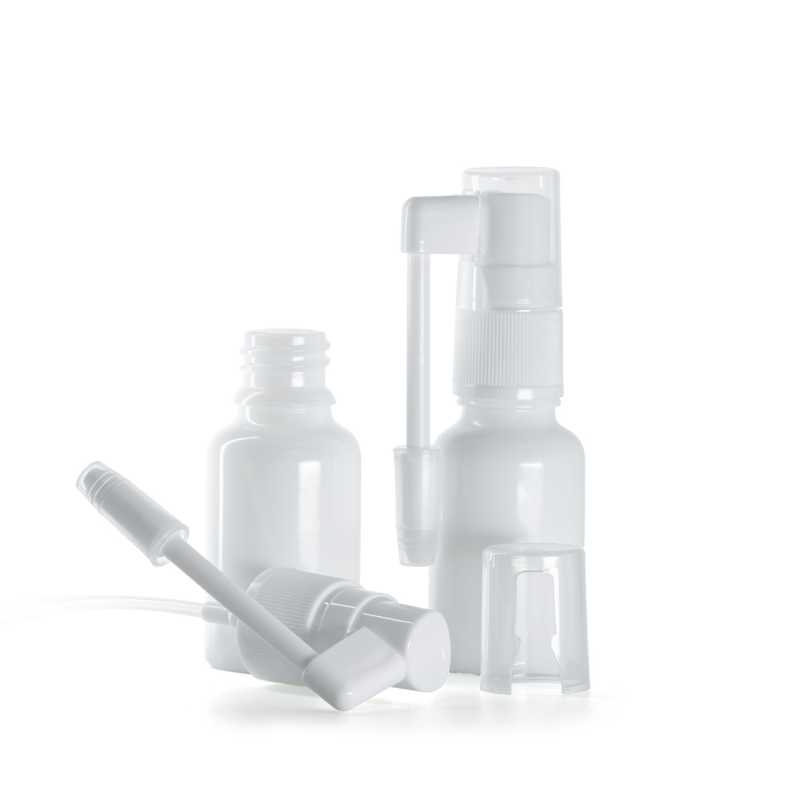 Skleněná láhev, lékovka, bílá, sprej do hrdla, 15 ml