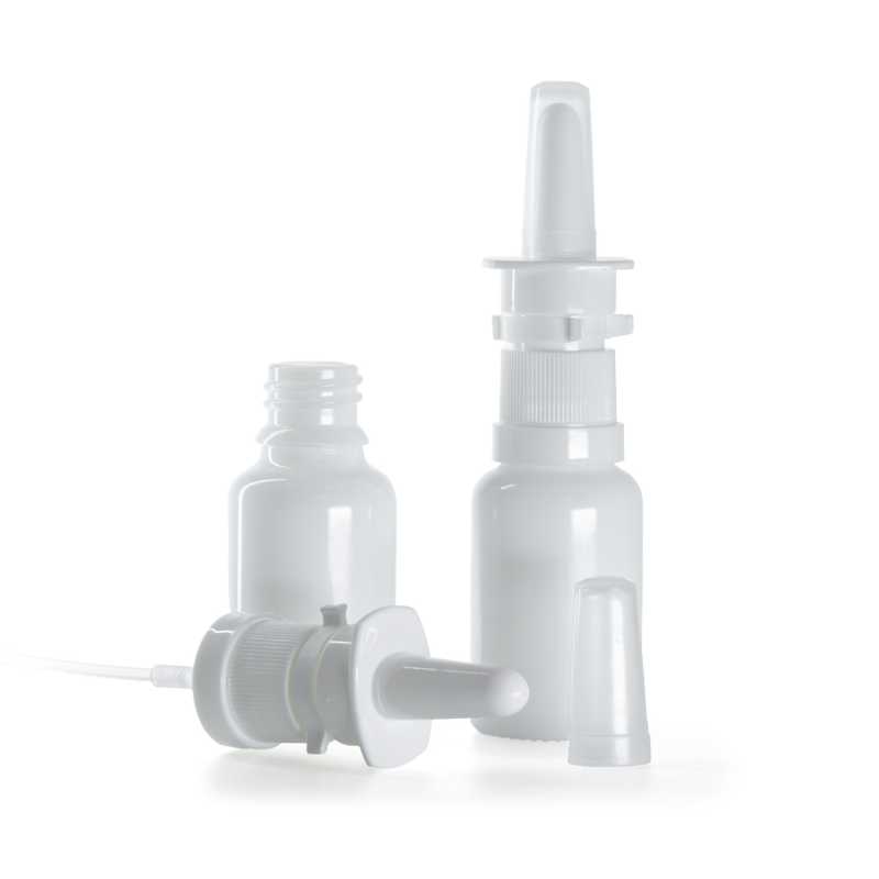 Skleněná láhev, lékovka, bílá, sprej do nosu, 15 ml