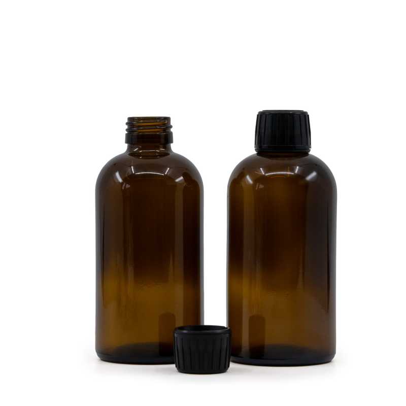 Skleněná láhev, lékovka Boston, 28 mm, 250 ml, černý uzávěr
