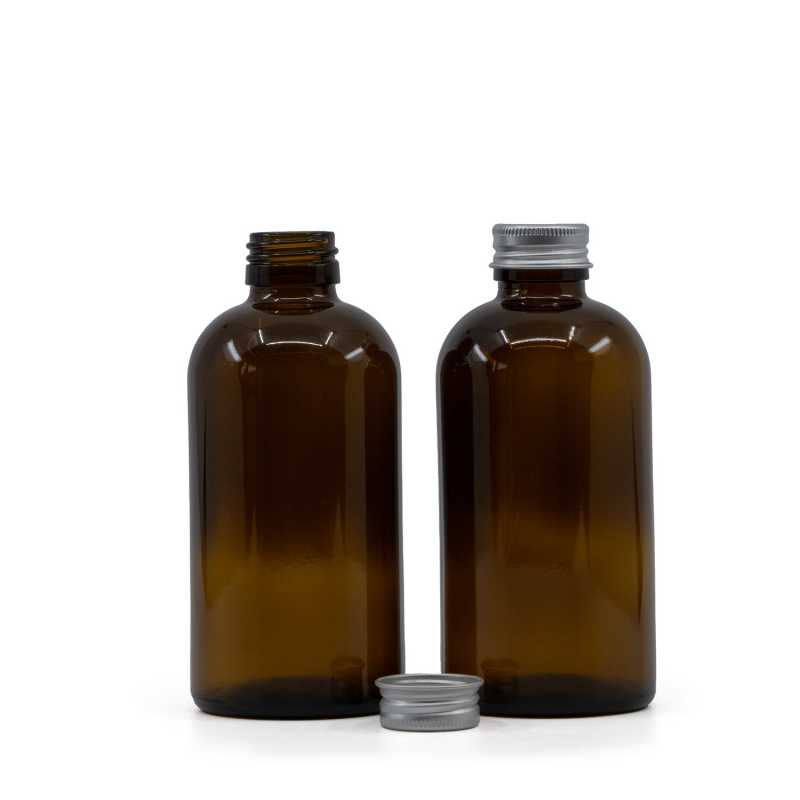 Skleněná láhev, lékovka Boston, 28 mm, 250 ml, hliníkový víko stříbrný