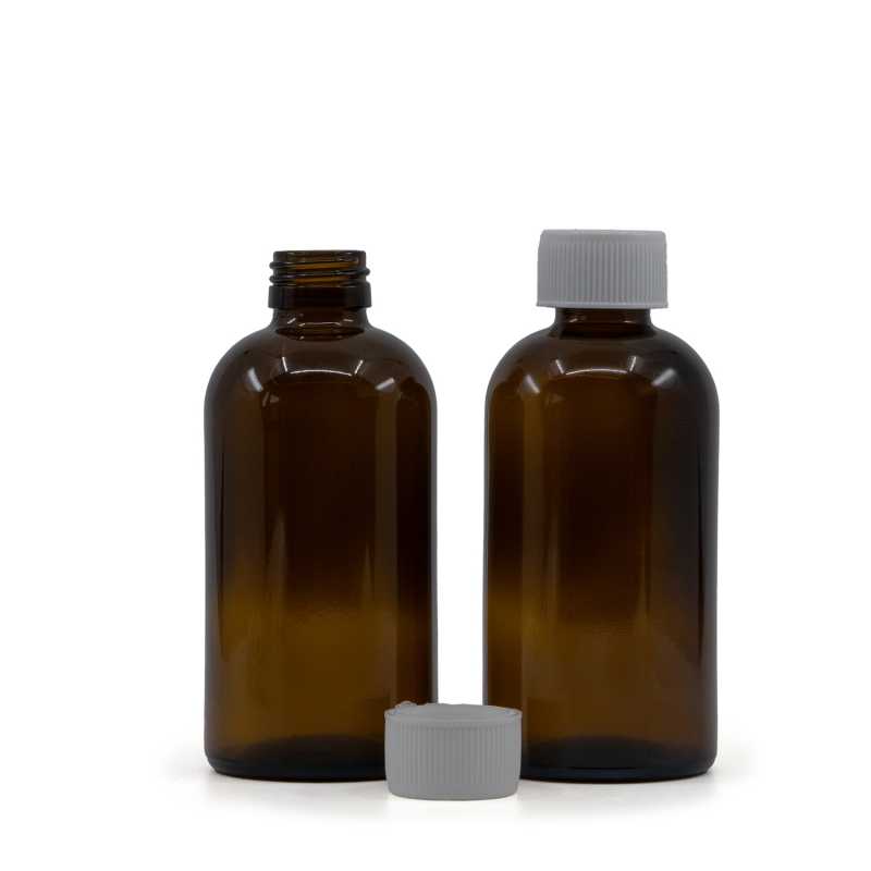 Skleněná lahvička, lékovka Boston, 28 mm, bílý bezpečnostní uzávěr, 250 ml