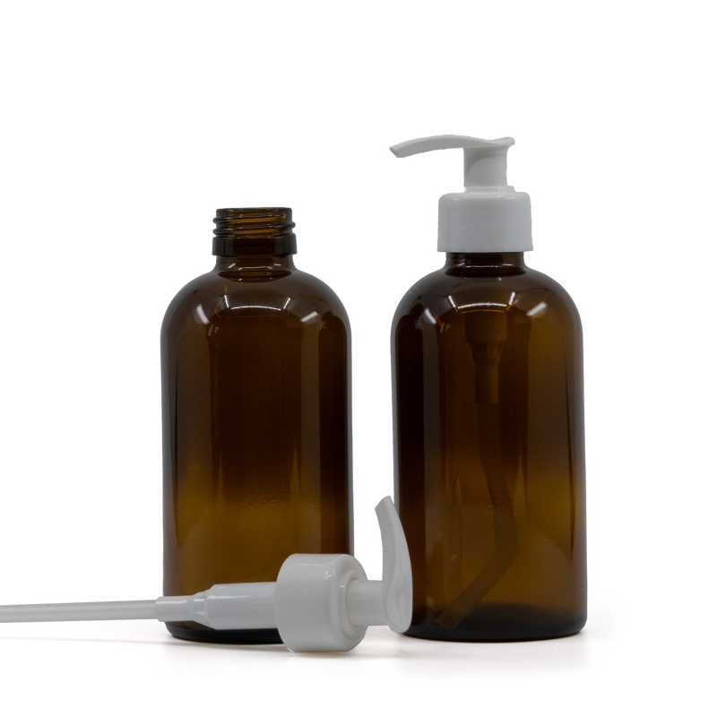 Skleněná láhev, lékovka Boston, 28 mm, bílý dávkovač, 250 ml