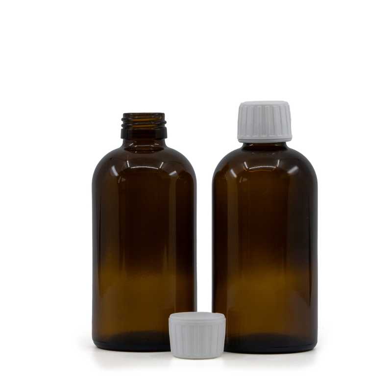 Skleněná láhev, lékovka Boston, 28 mm, bílý uzávěr, 250 ml