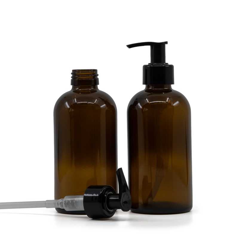 Skleněná láhev, lékovka Boston, 28 mm, černý dávkovač, hladký okraj, 250 ml