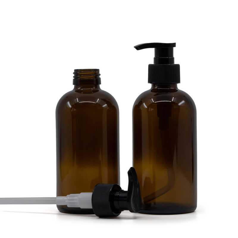 Skleněná láhev, lékovka Boston, 28 mm, černý dávkovač, vroubkovaný okraj, 250 ml