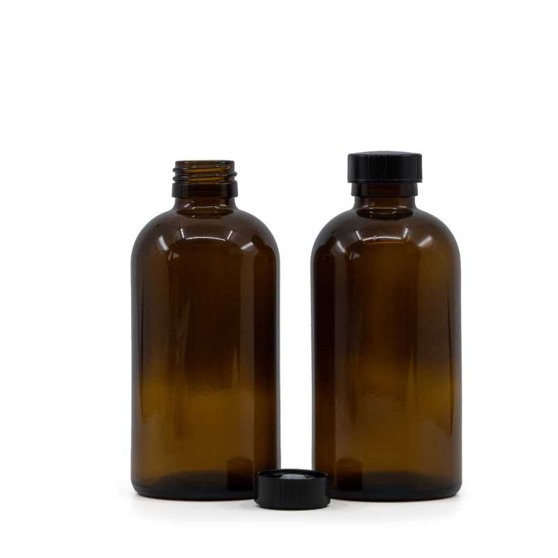 Skleněná láhev, lékovka Boston, 28 mm, černý nízký uzávěr, 250 ml