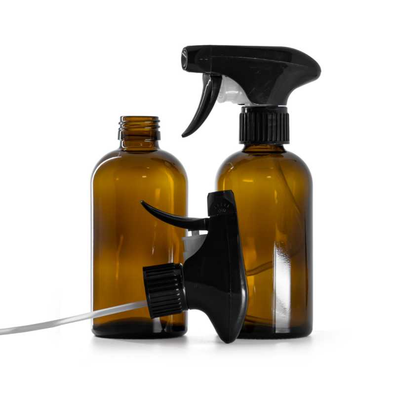 Skleněná láhev, lékovka Boston, 28 mm, černý pákový rozprašovač, 250 ml