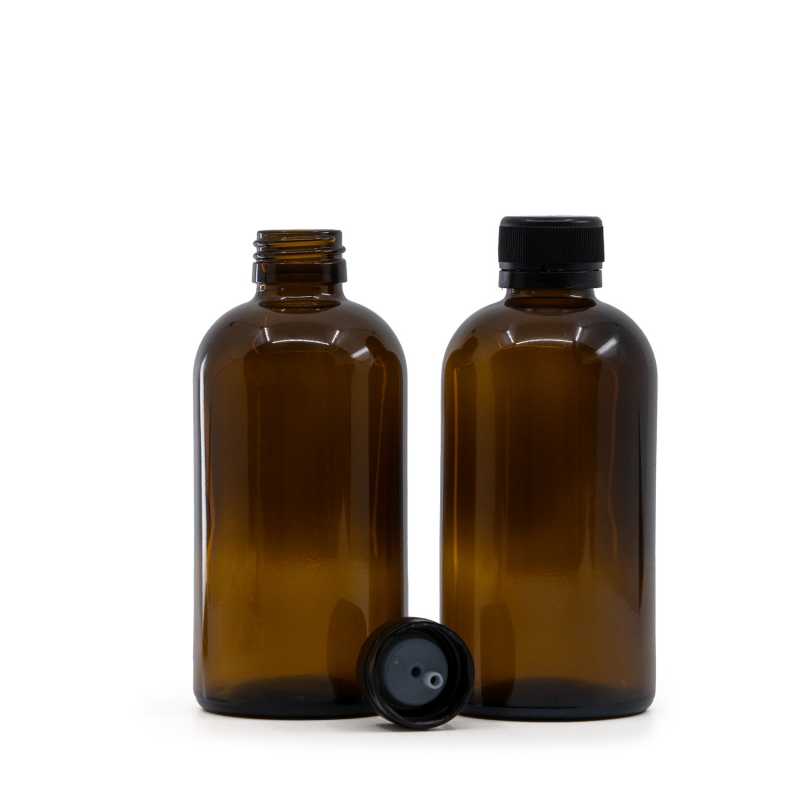 Skleněná láhev, lékovka Boston, 28 mm, černý plastový uzávěr s kapátkem, 250 ml