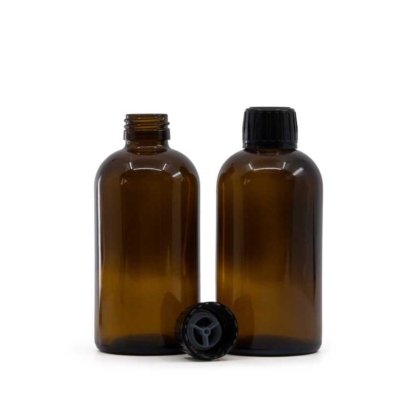 Skleněná láhev, lékovka Boston, 28 mm, černý uzávěr s nalévací vložkou, 250 ml
