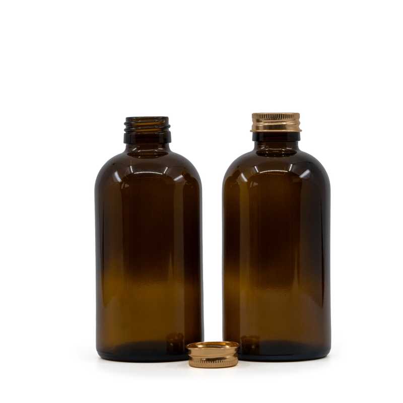 Skleněná láhev Boston, 28 mm, růžově zlatý hliníkový uzávěr, 250 ml