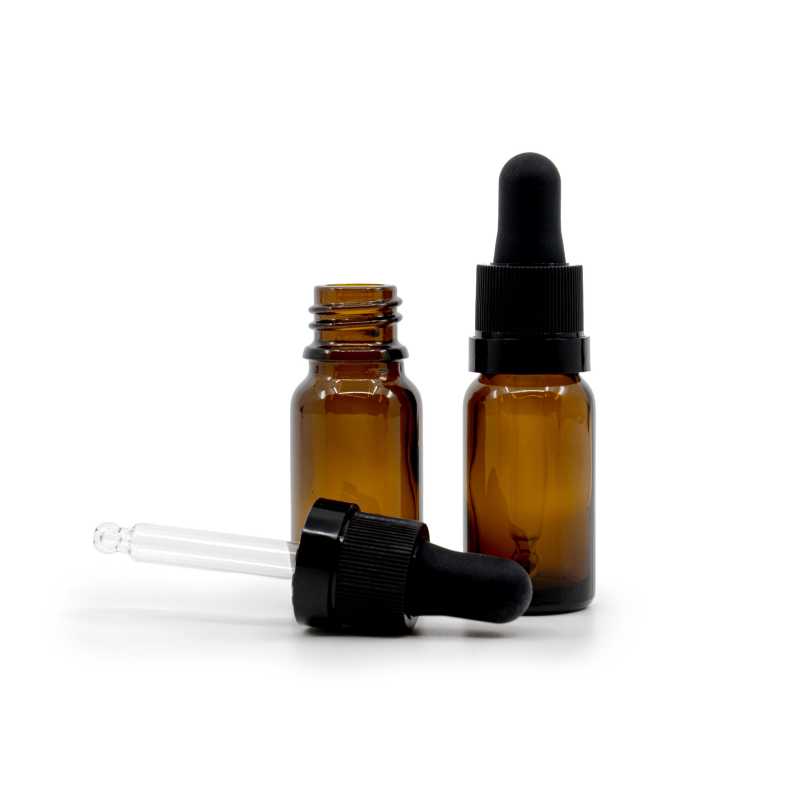 Skleněná láhev, lékovka, černé kapátko s lesklým proužkem, 10 ml