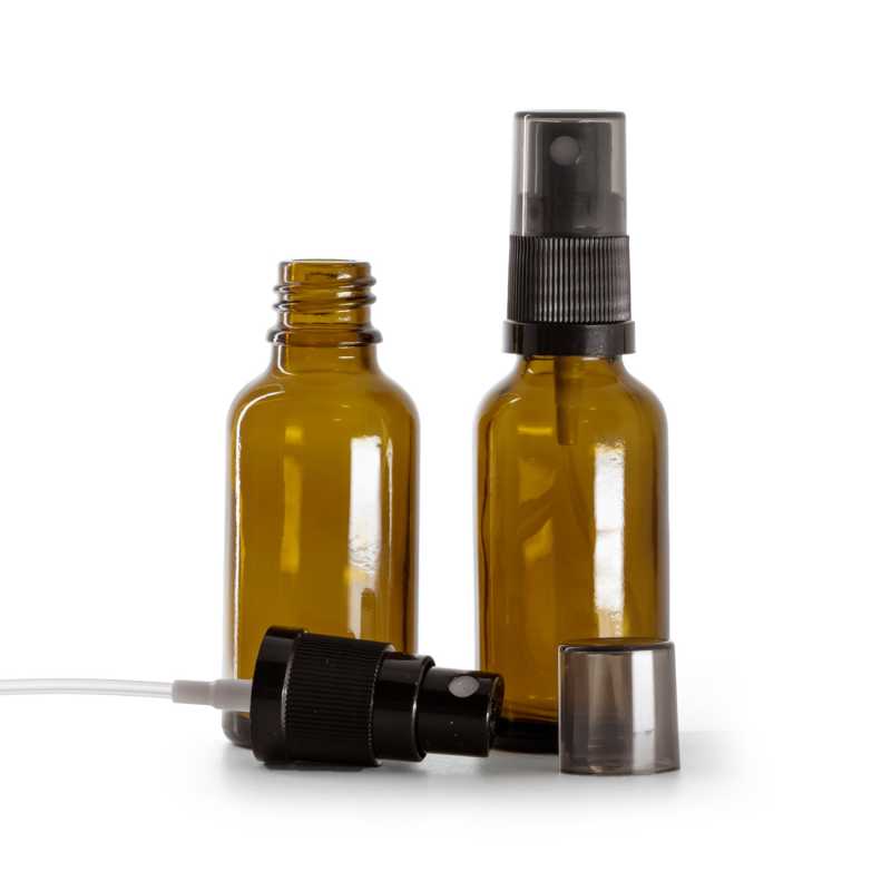 Skleněná lékovka hnědá, černý rozprašovač, dýmový vrch, 30 ml