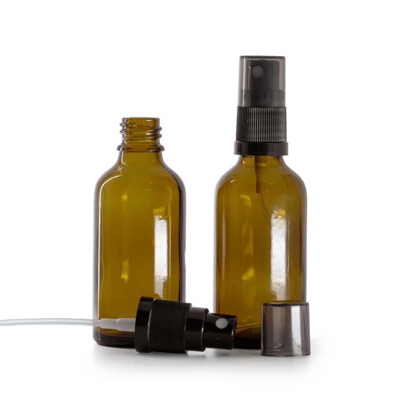 Skleněná lékovka, černý rozprašovač, dýmový kryt, 50 ml