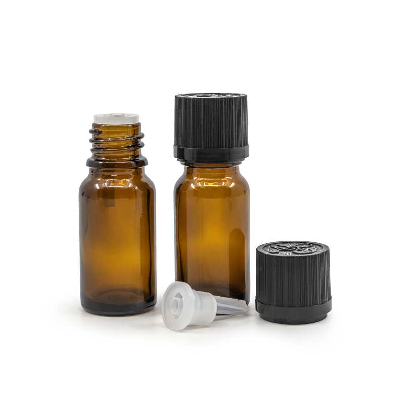 Skleněná lahvička, lahvička, černý uzávěr s vroubkováním a pojistkou, 10 ml