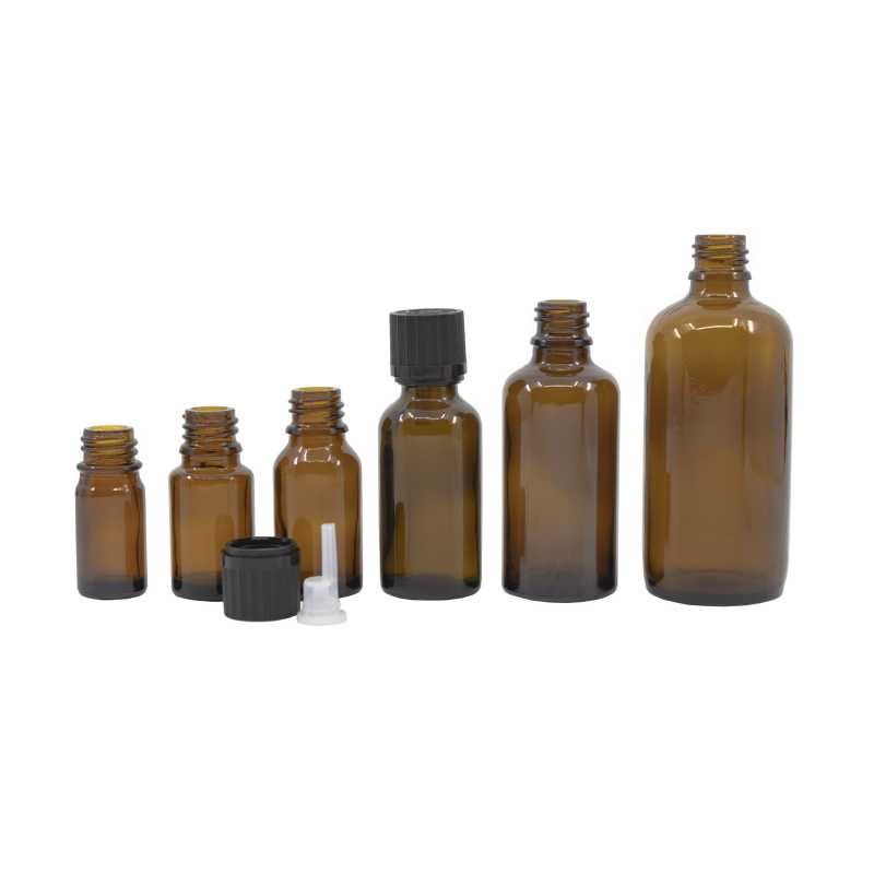 Skleněná lahvička, lahvička, černý uzávěr s vroubkováním a pojistkou, 5 ml