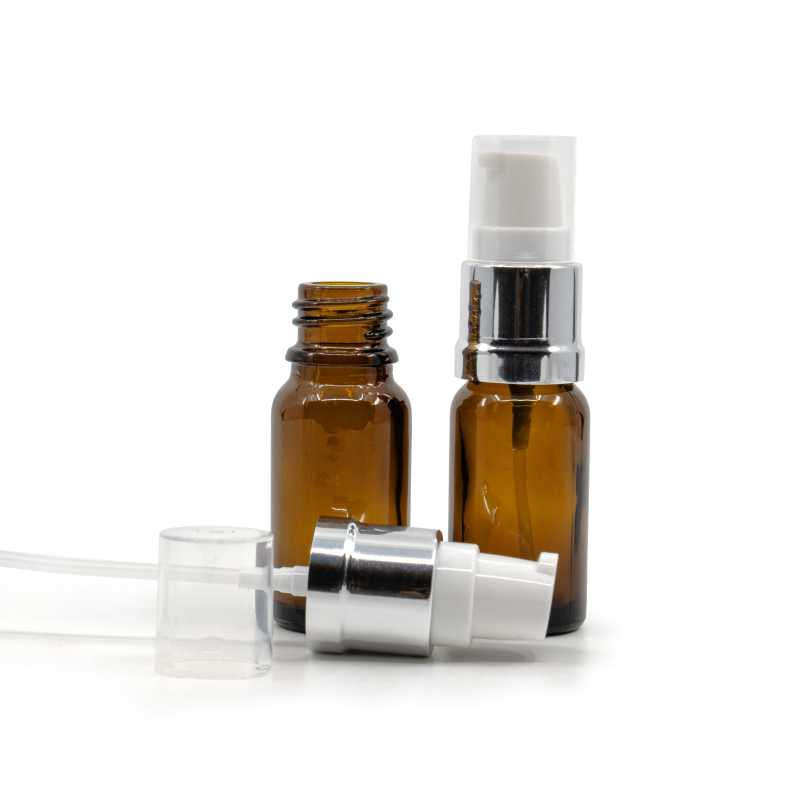 Skleněná lahvička, lékovka, hnědá, bílo-stříbrný lesklý dávkovač, 10 ml