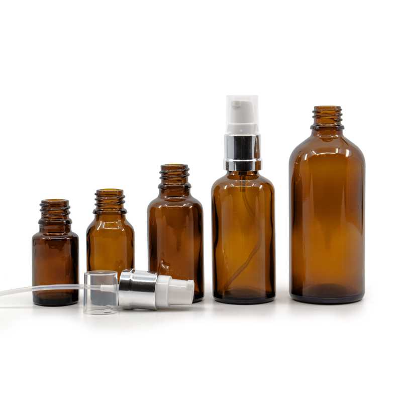 Skleněná lahvička, lékovka, hnědá, bílo-stříbrný lesklý dávkovač, 15 ml