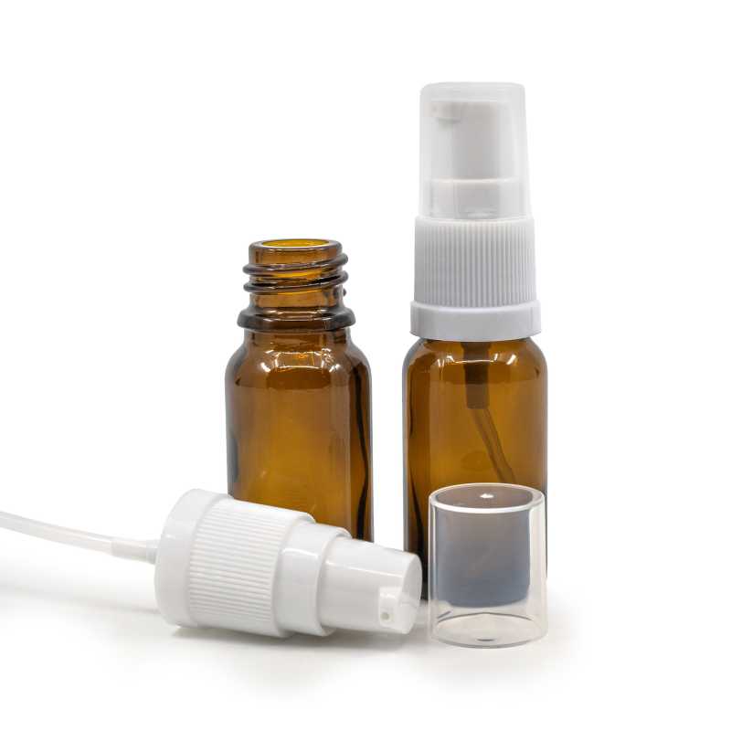 Skleněná lahvička, lahvička, hnědá, bílý dávkovač, 10 ml