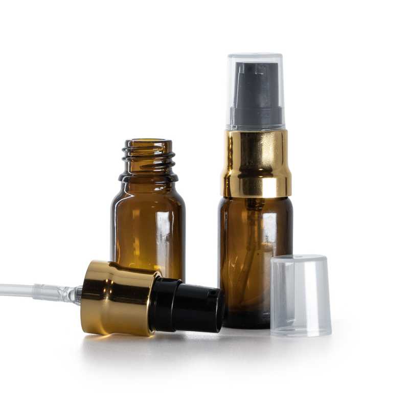 Skleněná lahvička, lékovka, hnědá, černo-zlatý dávkovač, průhledný vrch, 10 ml