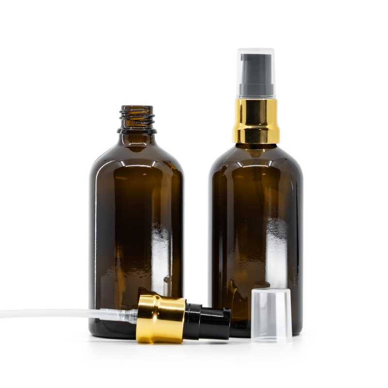 Skleněná lahvička, lékovka, hnědá, černo-zlatý dávkovač, průhledný vrch, 100 ml