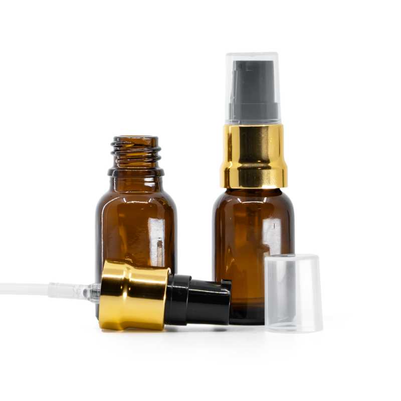 Skleněná lahvička, lékovka, hnědá, černo-zlatý dávkovač, průhledný vrch, 15 ml